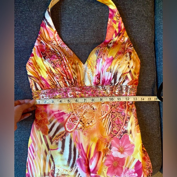 Tropical Print Floor Length Orange Yellow Pink Halter Prom Dress Gown - Picture 3 of 6